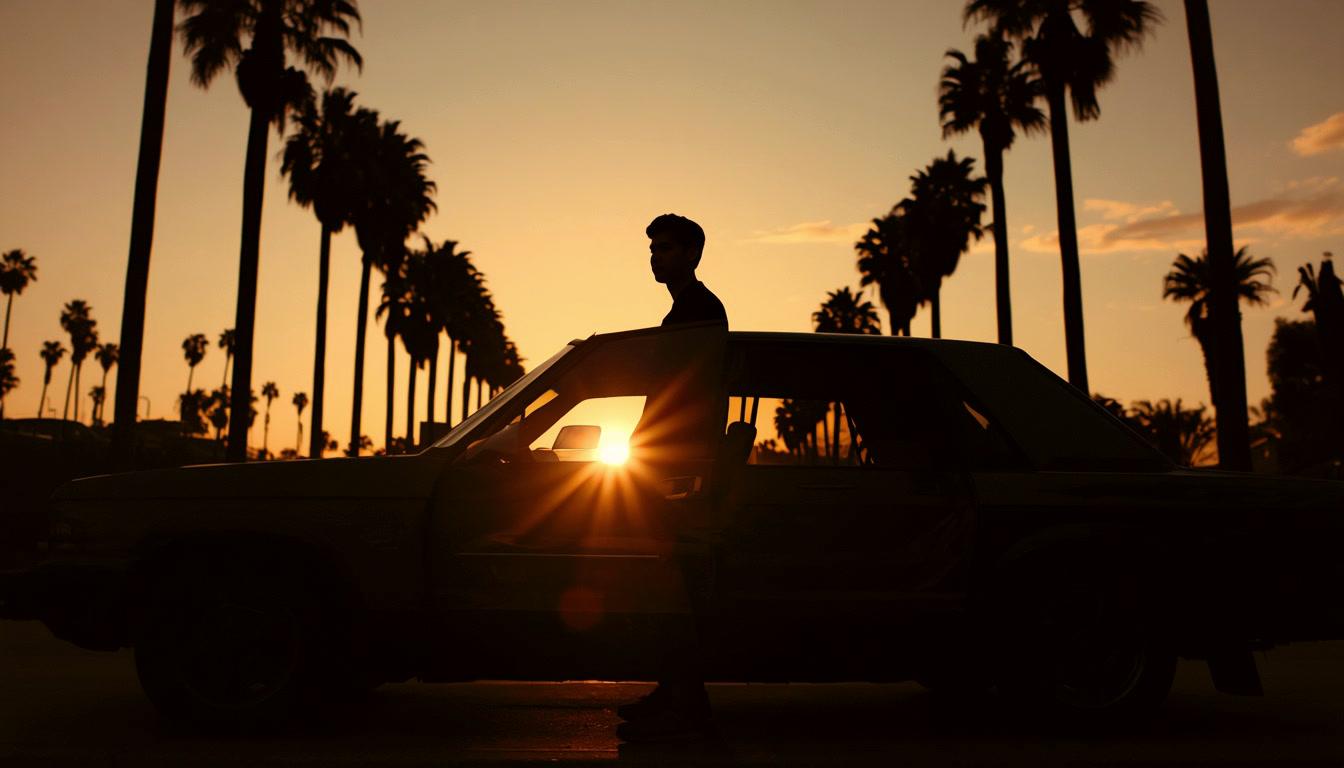 A student pausing at the driver's door at sunset, palm trees lining the street