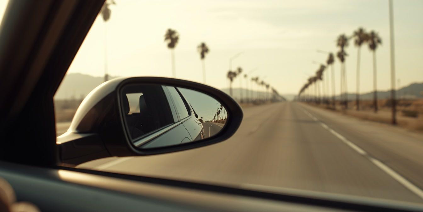 View through a car's side mirror of a palm-lined road, reflecting the car behind