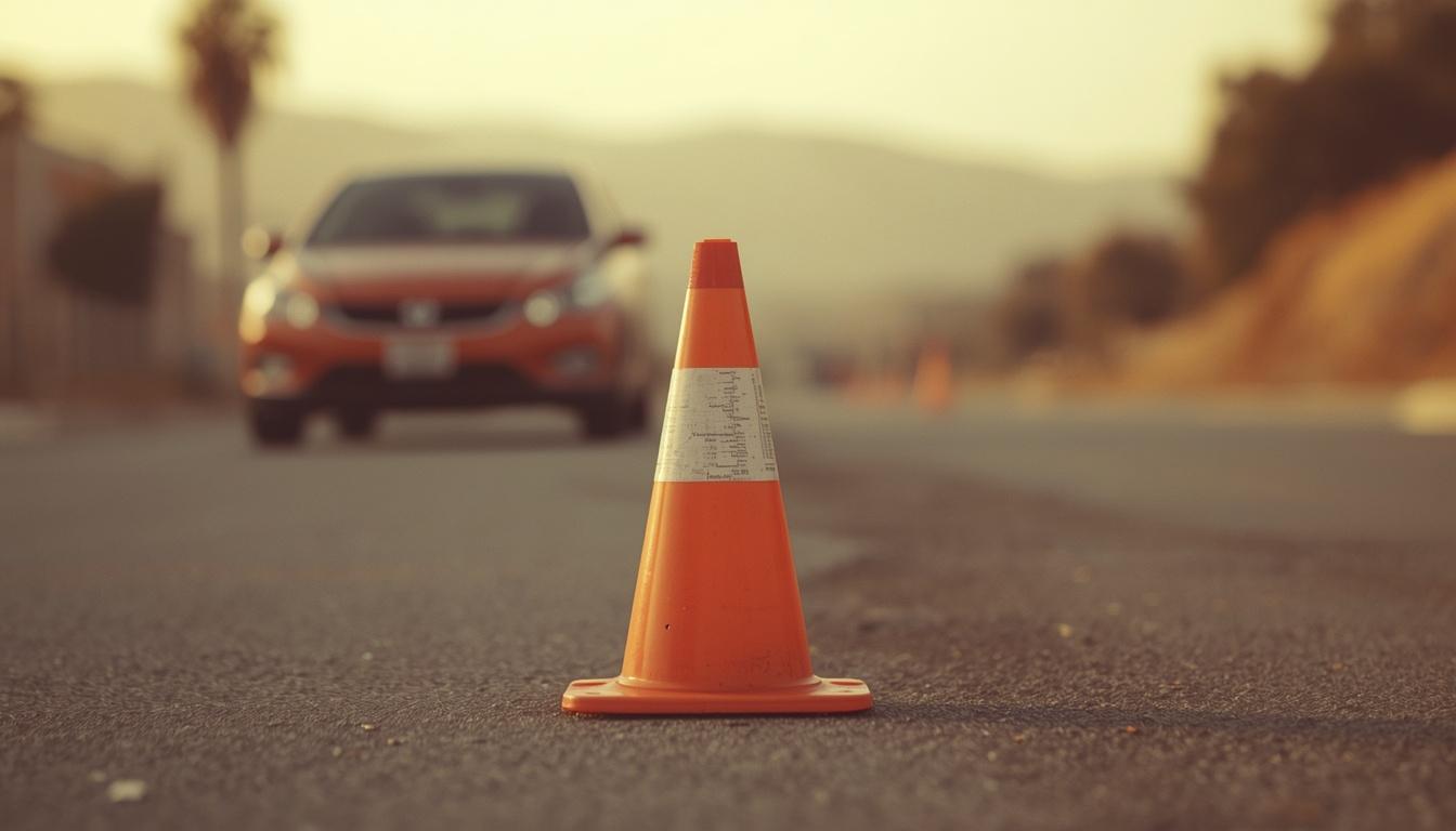 A traffic cone in sharp focus on a residential street, with a car pausing behind it at golden hour