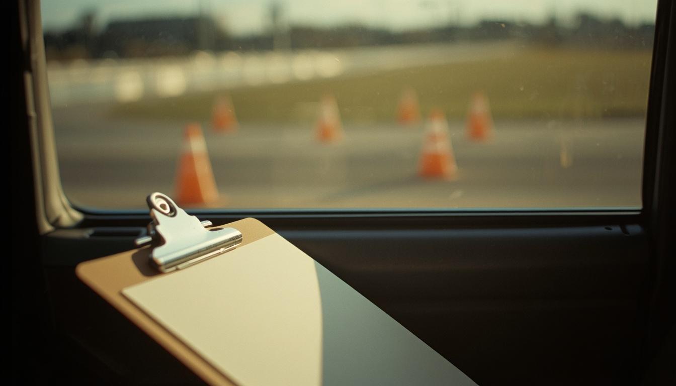 A DMV test clipboard resting on a car seat, with a traffic cone course visible through the window