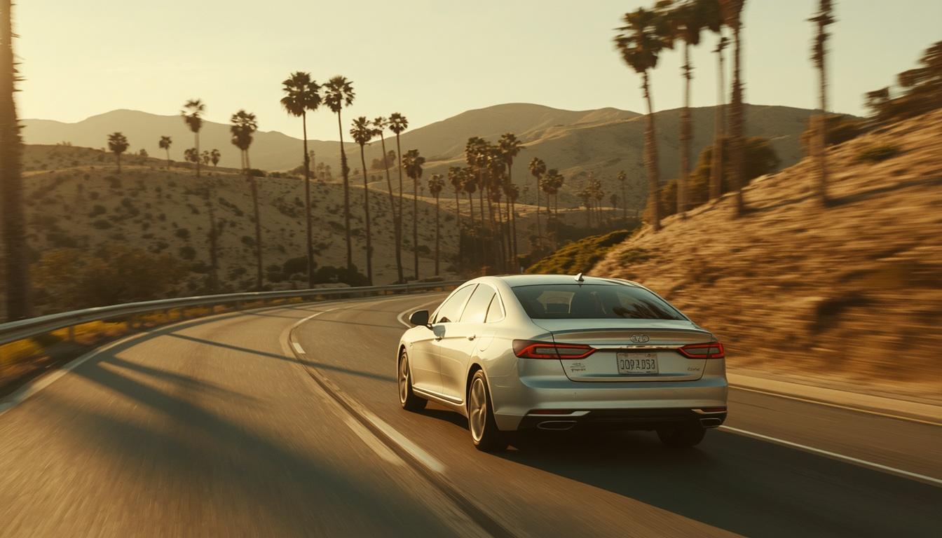 A sedan driving away along a palm-lined highway through the hills at golden hour